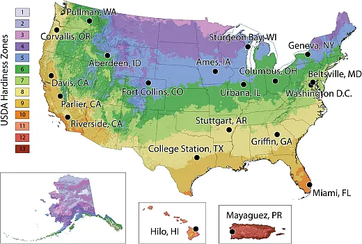 Locations of the gene banks of the National Plant Germplasm System overlaid on the USDA Plant Hardiness Zone Map.